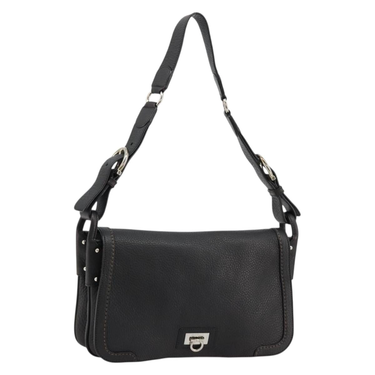 Salvatore Ferragamo Gancini Shoulder Bag Leather Black Silver Auth 180500A