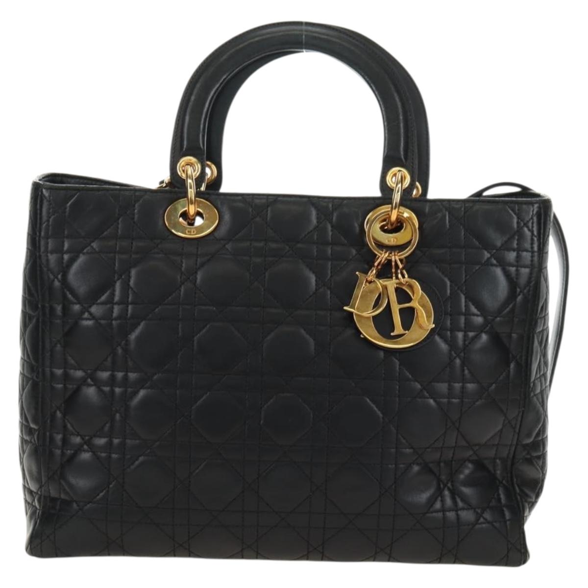Christian Dior Canage Hand Bag Lamb Skin Black Gold Auth 180510SAM