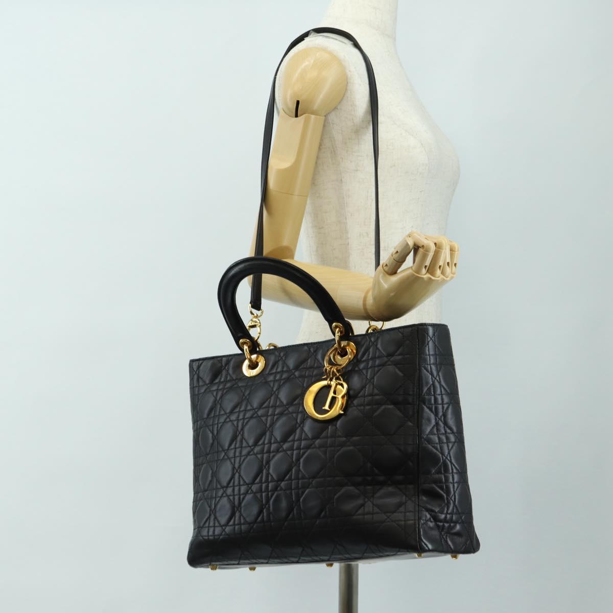 Christian Dior Canage Hand Bag Lamb Skin Black Gold Auth 180510SAM