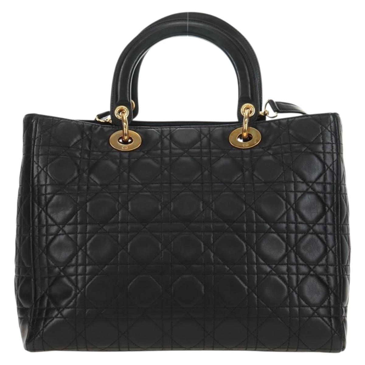 Christian Dior Canage Hand Bag Lamb Skin Black Gold Auth 180510SAM