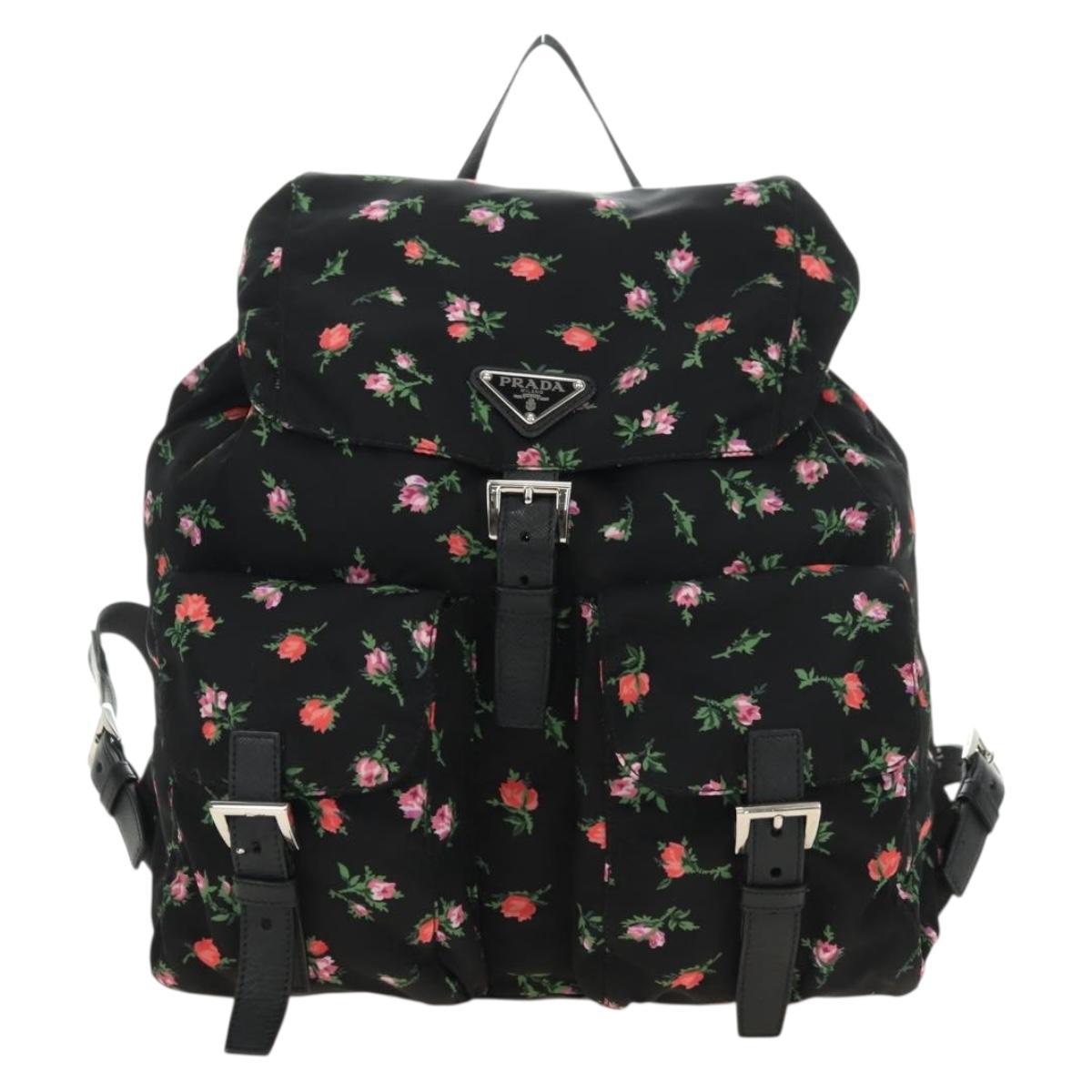PRADA Floral Backpack Nylon Black Silver 1BZ811 Auth 180522SAM