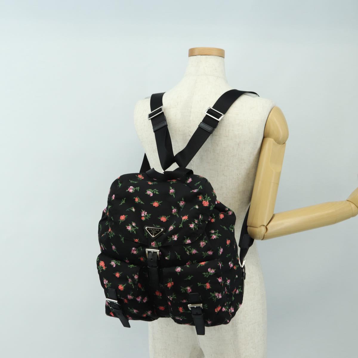 PRADA Floral Backpack Nylon Black Silver 1BZ811 Auth 180522SAM