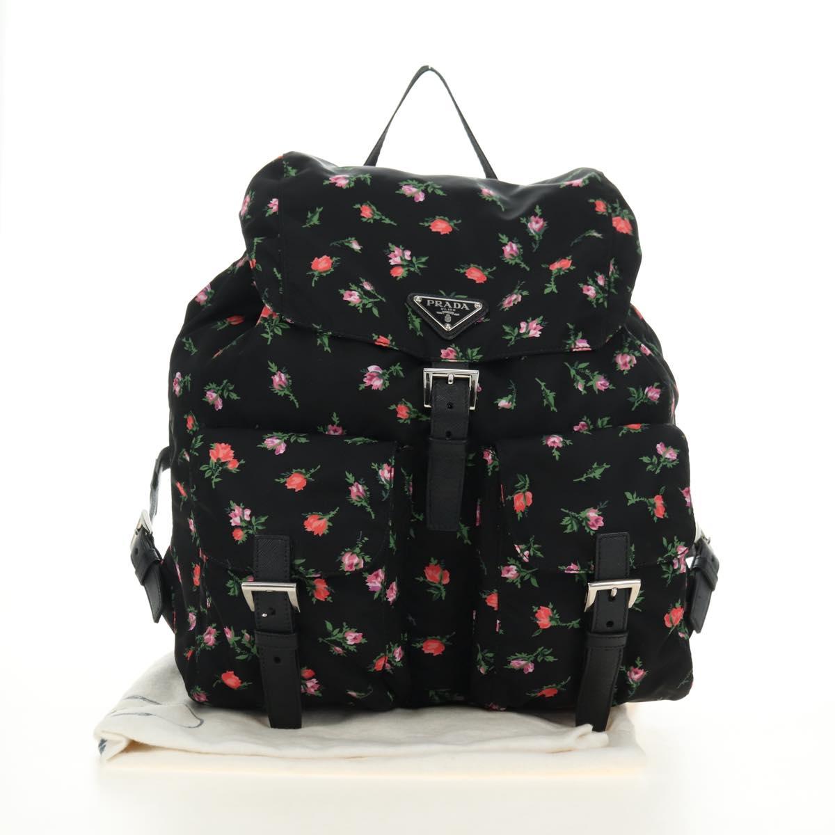 PRADA Floral Backpack Nylon Black Silver 1BZ811 Auth 180522SAM
