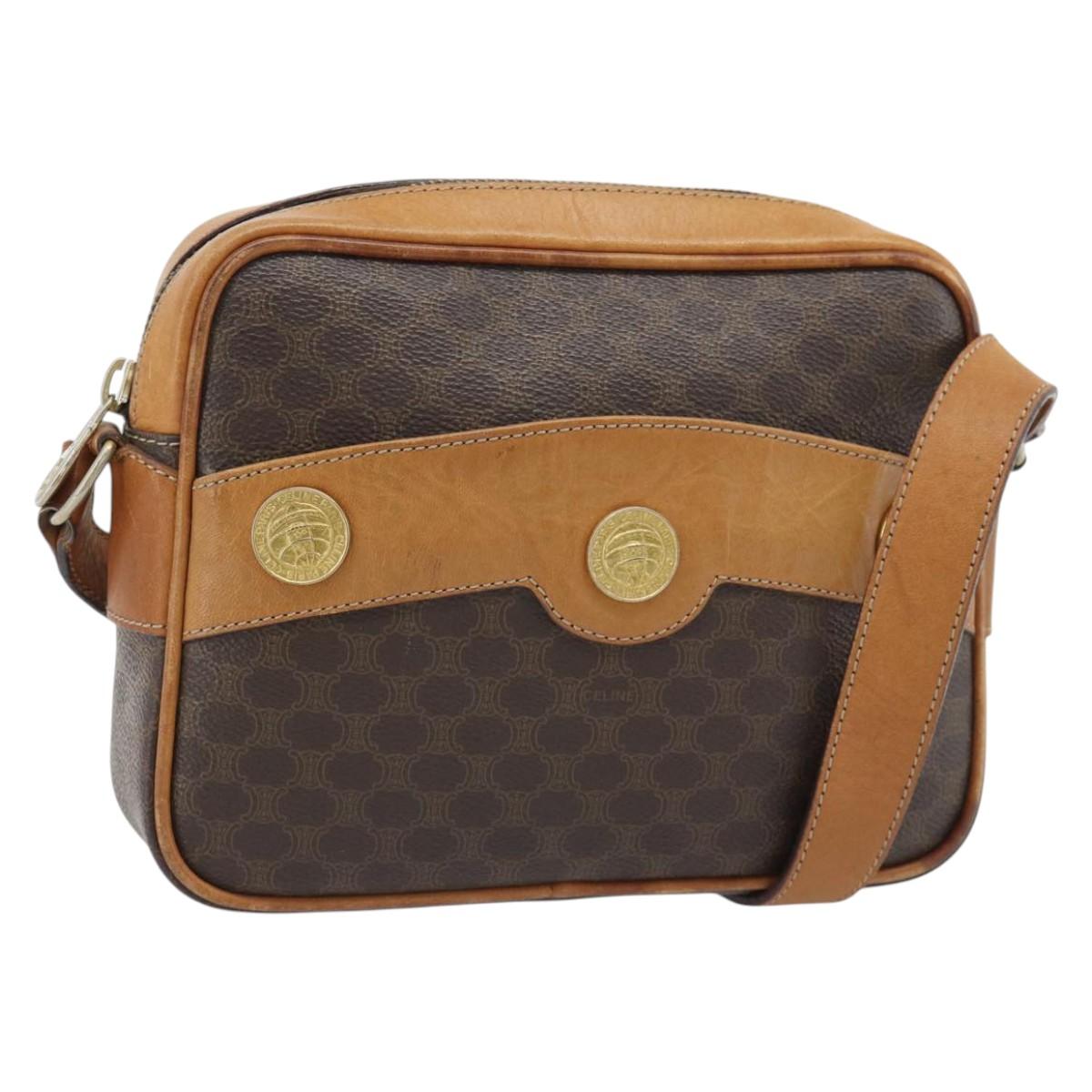 CELINE Macadam Canvas Shoulder Bag PVC Leather Brown Gold Auth 180579A
