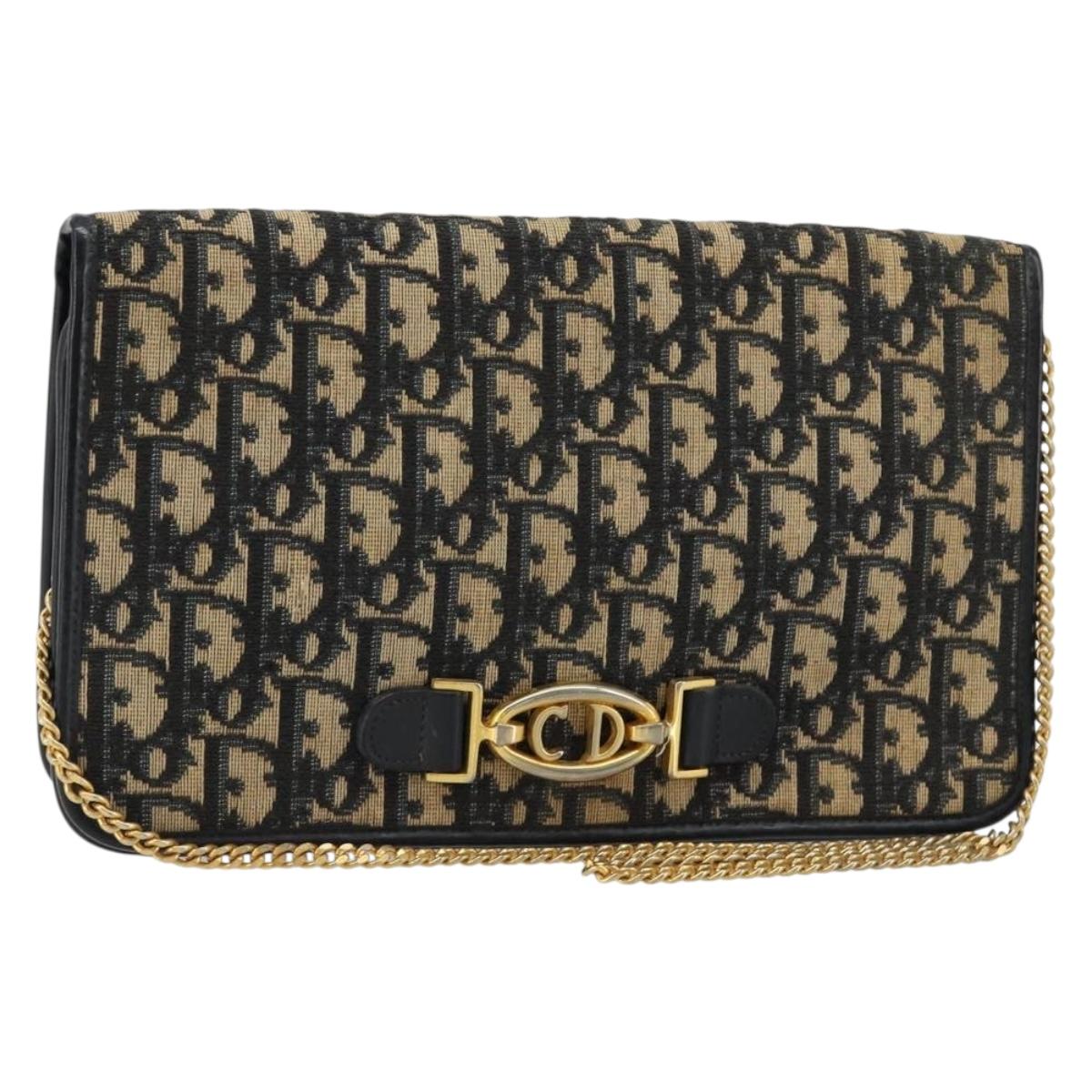 Christian Dior Trotter Canvas Chain Shoulder Bag Navy Gold Auth 180581A
