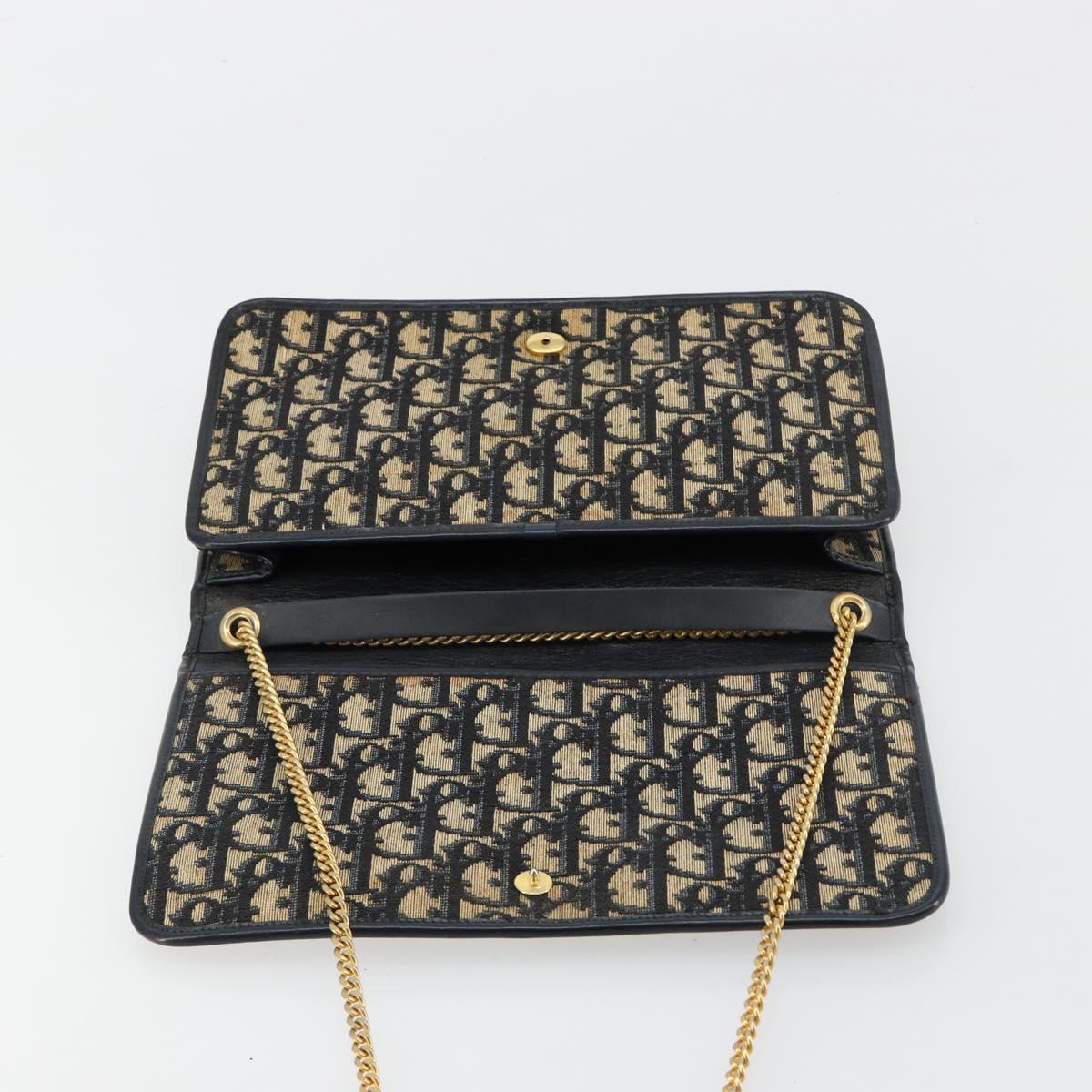 Christian Dior Trotter Canvas Chain Shoulder Bag Navy Gold Auth 180581A