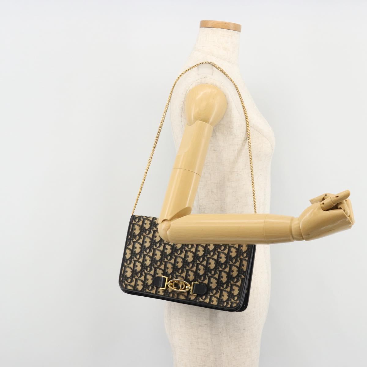 Christian Dior Trotter Canvas Chain Shoulder Bag Navy Gold Auth 180581A