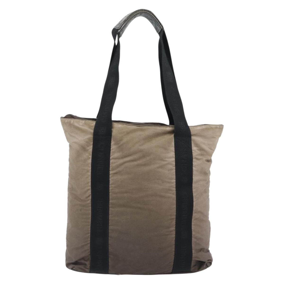 CHANEL Tote Bag Nylon Brown Silver CC Auth 180588