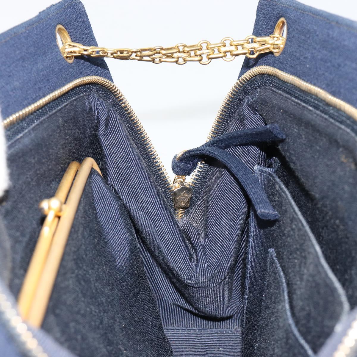 CHANEL Chain Shoulder Bag Cotton Navy Gold CC Auth 180590