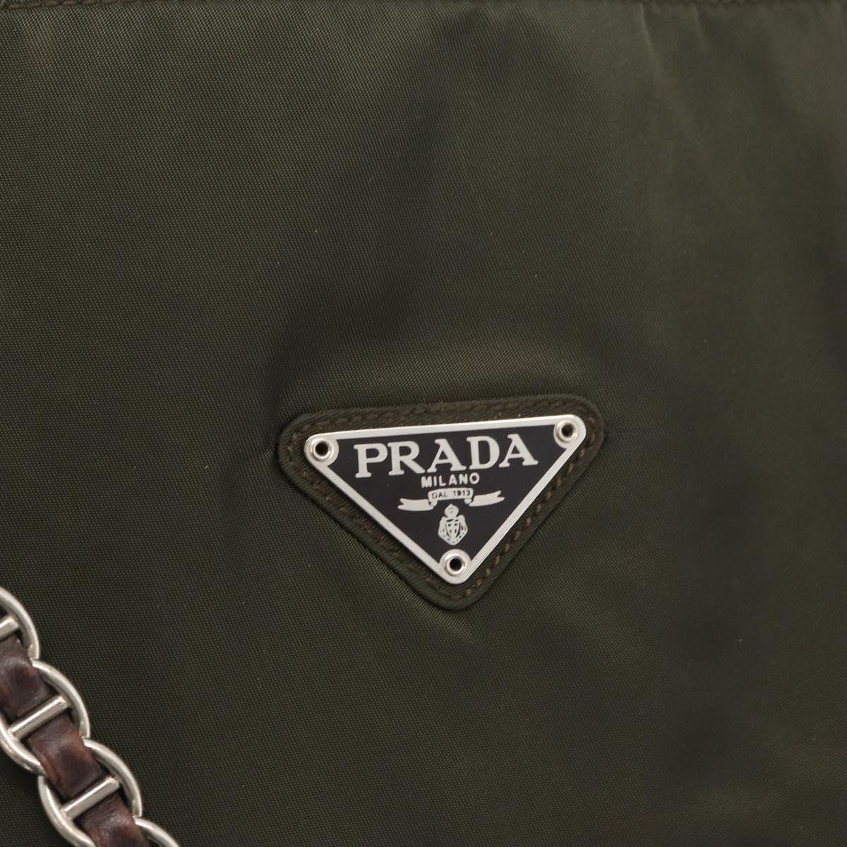 PRADA Chain Tote Bag Nylon Khaki Silver Auth 180596