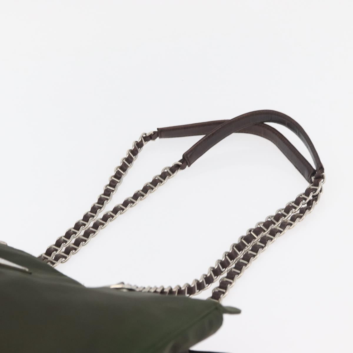 PRADA Chain Tote Bag Nylon Khaki Silver Auth 180596