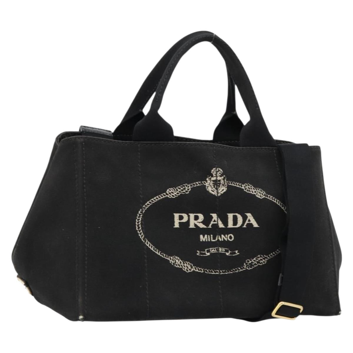PRADA Canapa MM Hand Bag Canvas 2way Black Gold Auth 180606