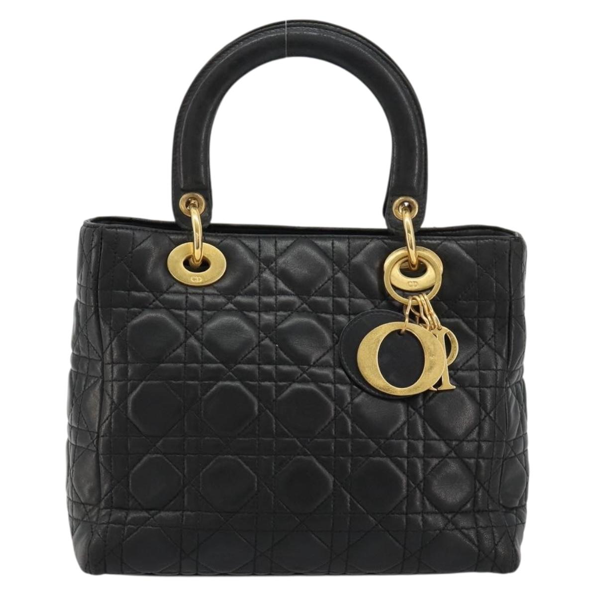 Christian Dior Canage Hand Bag Lamb Skin Black Gold Auth 180616A