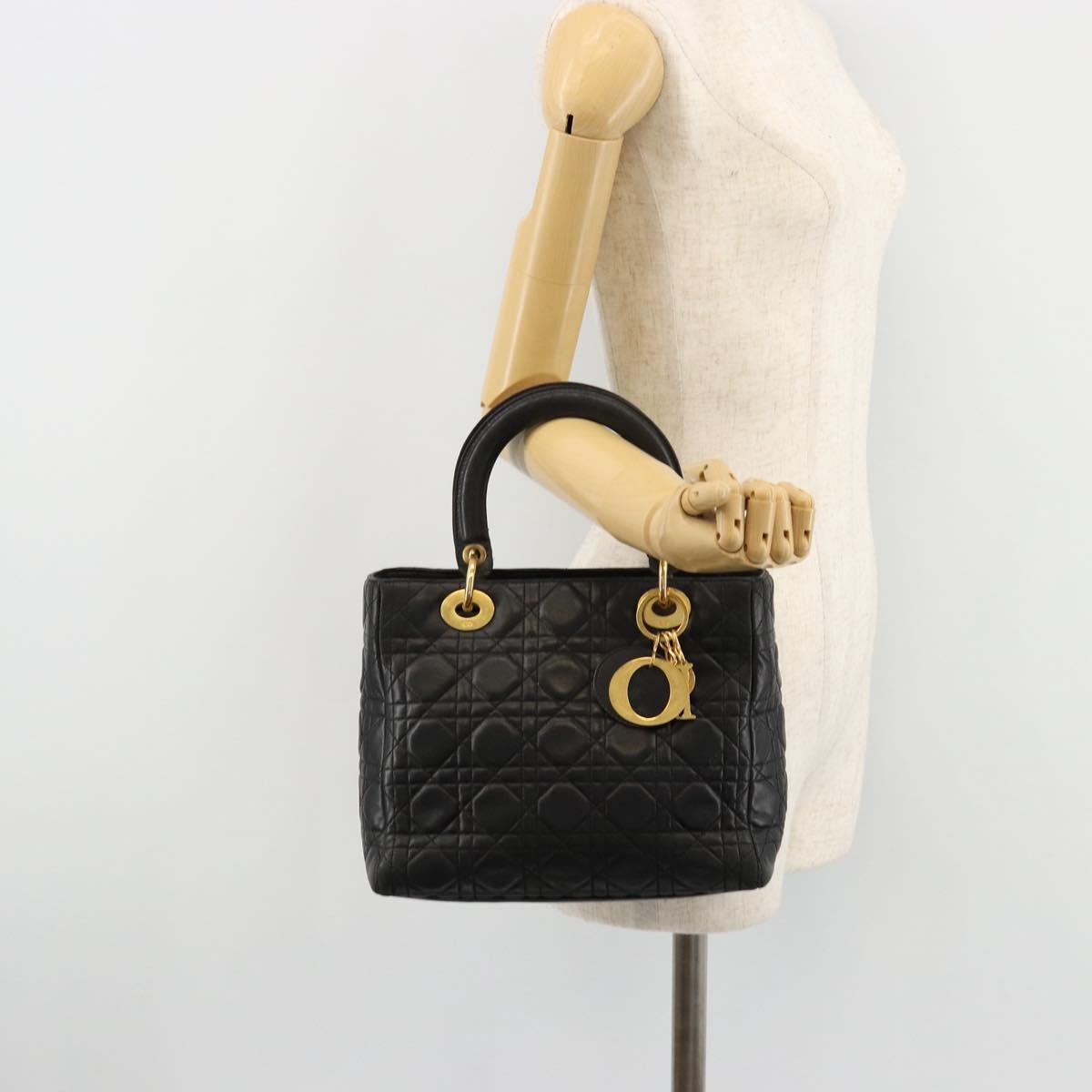 Christian Dior Canage Hand Bag Lamb Skin Black Gold Auth 180616A