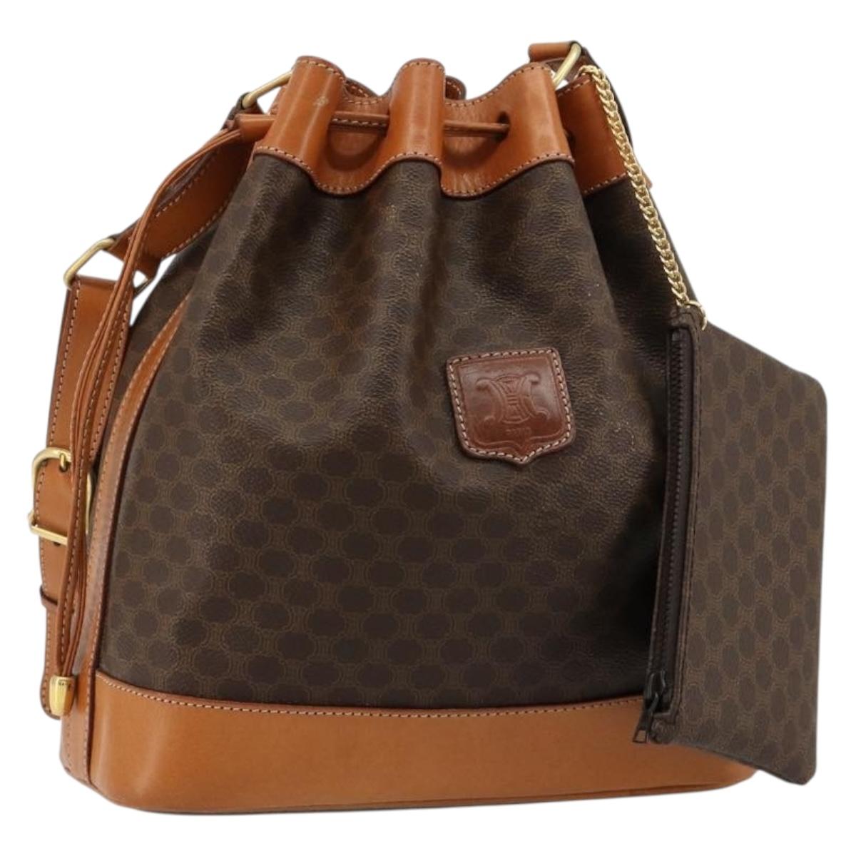 CELINE Macadam Canvas Purse Shoulder Bag PVC Leather Brown Gold Auth 180626A