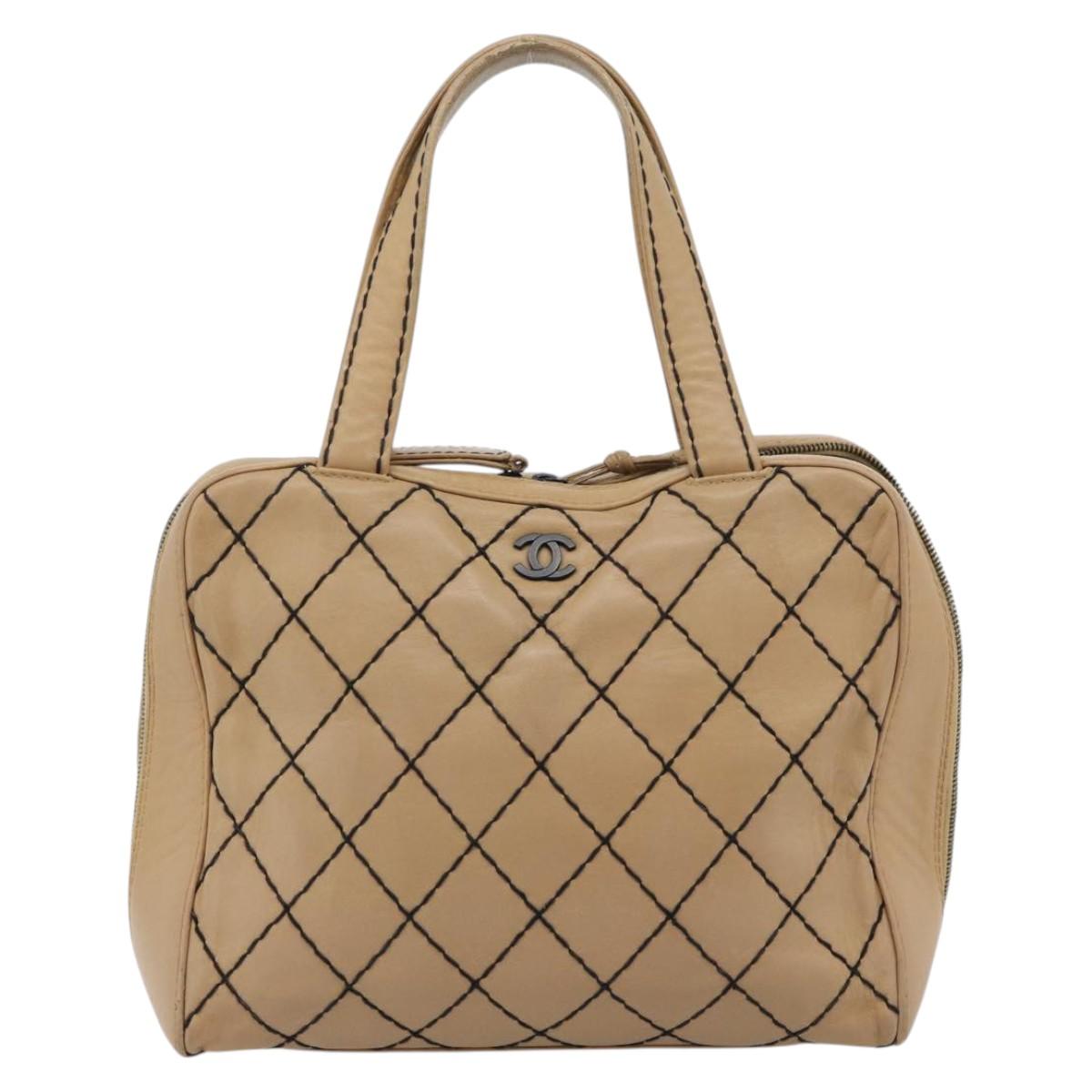 CHANEL Wild Stitch Tote Bag Leather Beige CC Auth 180632