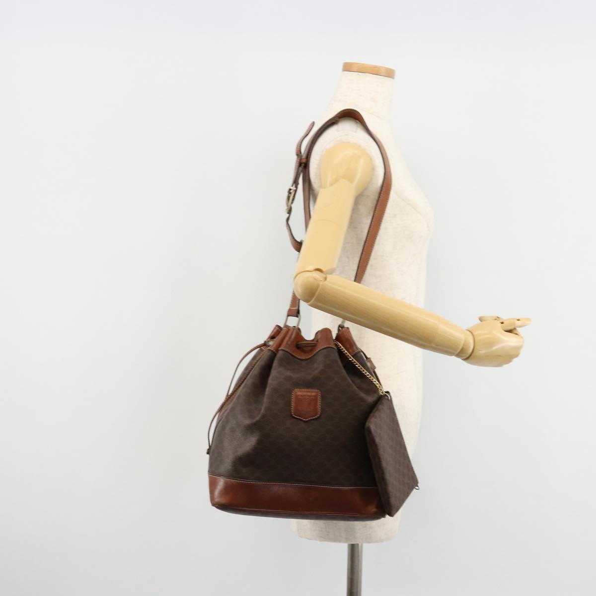 CELINE Macadam Canvas Purse Shoulder Bag PVC Leather Brown Gold Auth 180641