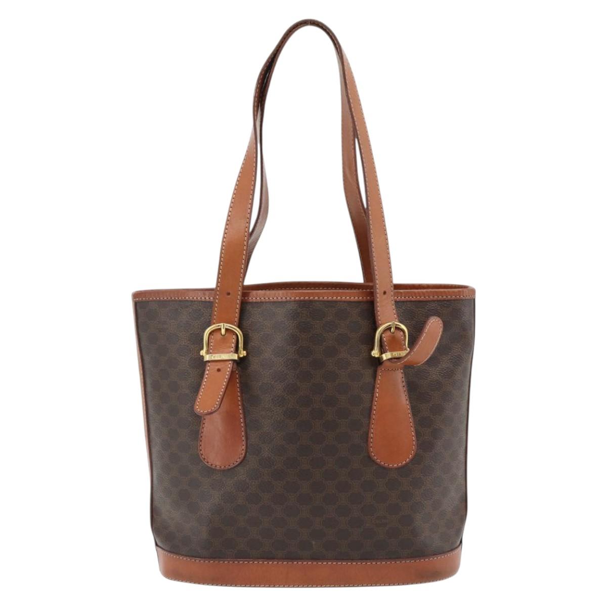 CELINE Macadam Canvas Tote Bag PVC Leather Brown Gold Auth 180666