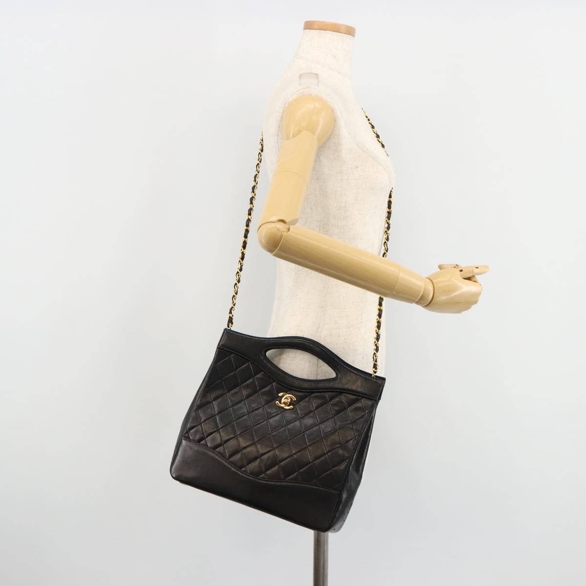CHANEL Matelasse Hand Bag Lamb Skin 2way Black Gold CC Auth 180669A