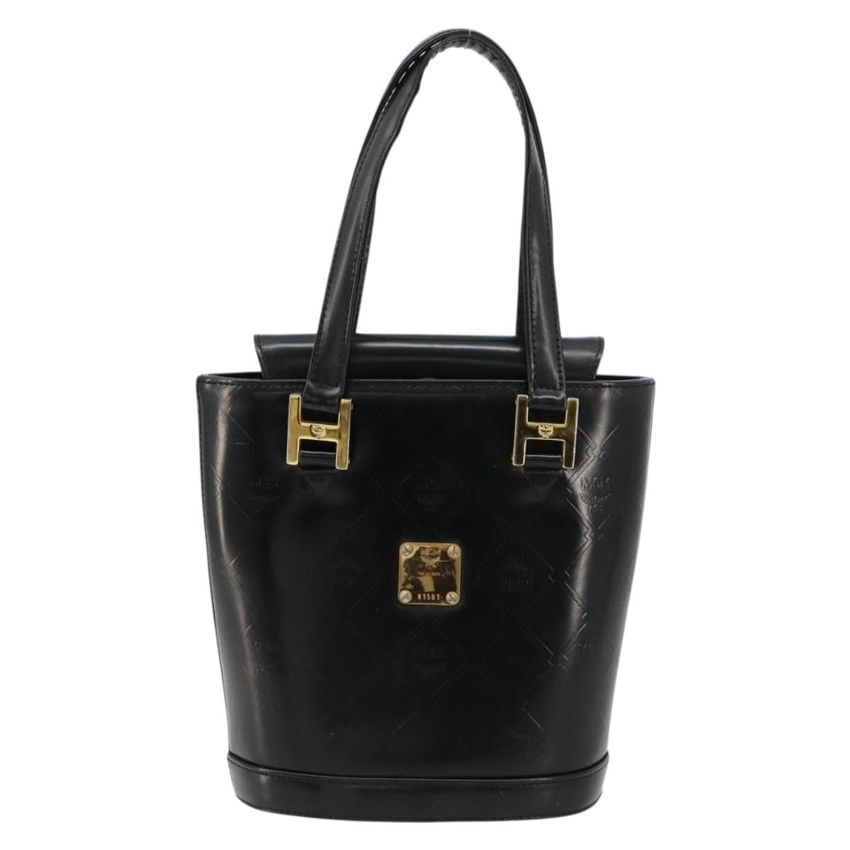 MCM Vicetos Logogram Hand Bag Leather Black Gold Auth 180670