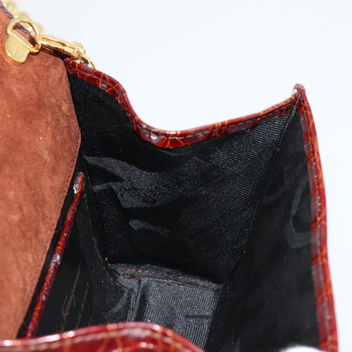 Salvatore Ferragamo Vara Ribbon Chain Bag Leather Bordeaux Gold Auth 180672