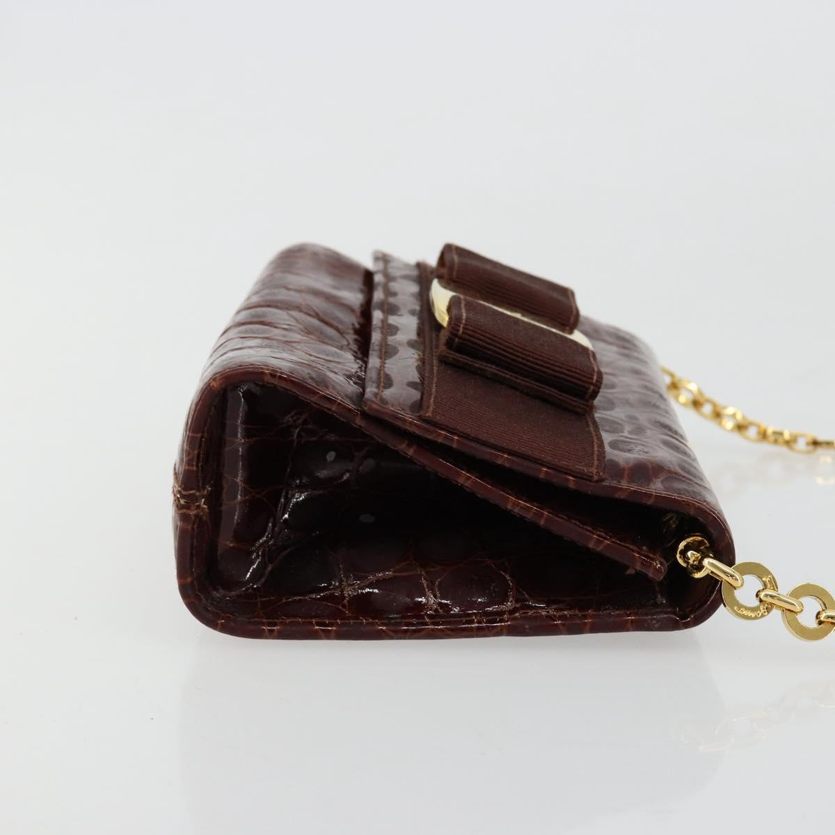 Salvatore Ferragamo Vara Ribbon Chain Bag Leather Bordeaux Gold Auth 180672