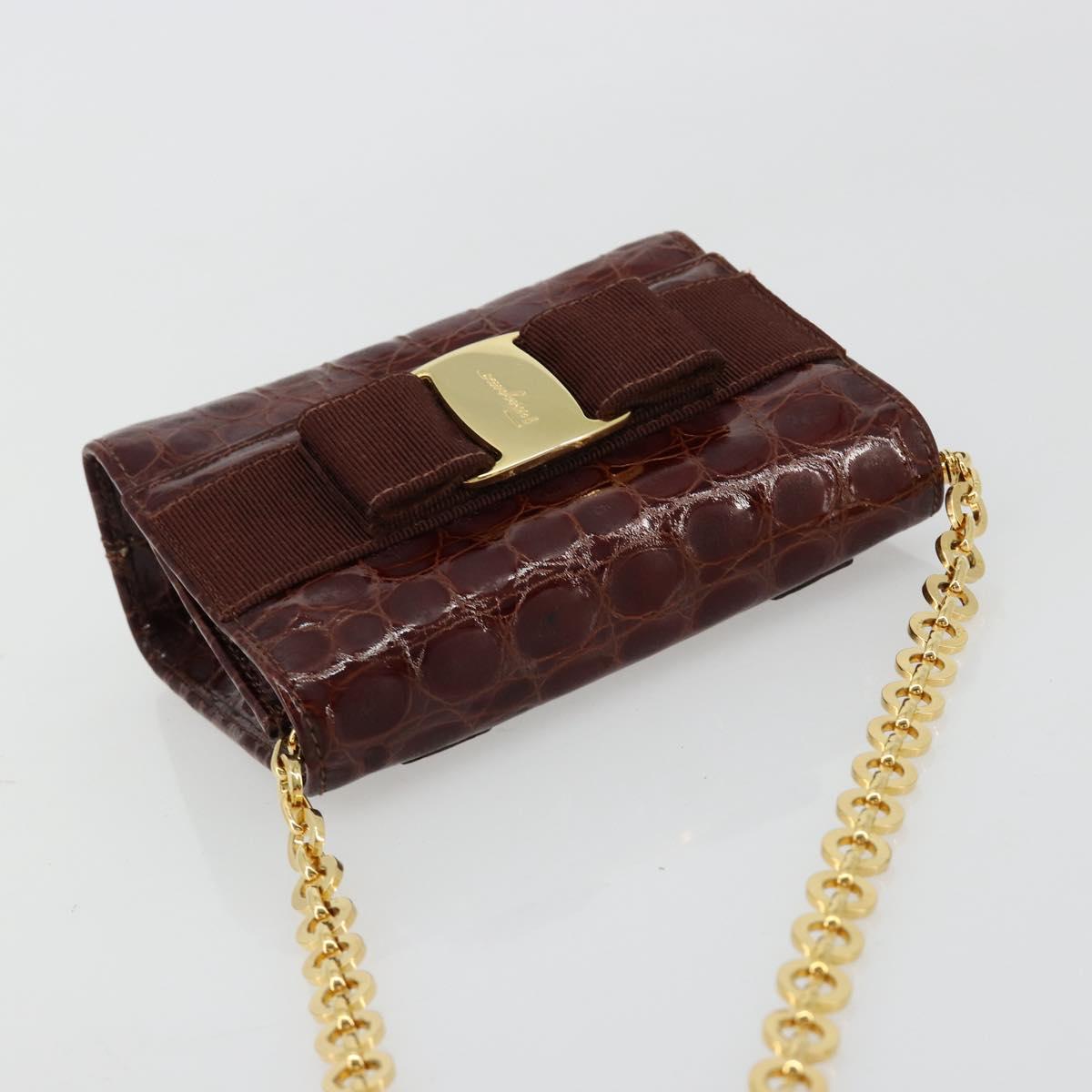 Salvatore Ferragamo Vara Ribbon Chain Bag Leather Bordeaux Gold Auth 180672