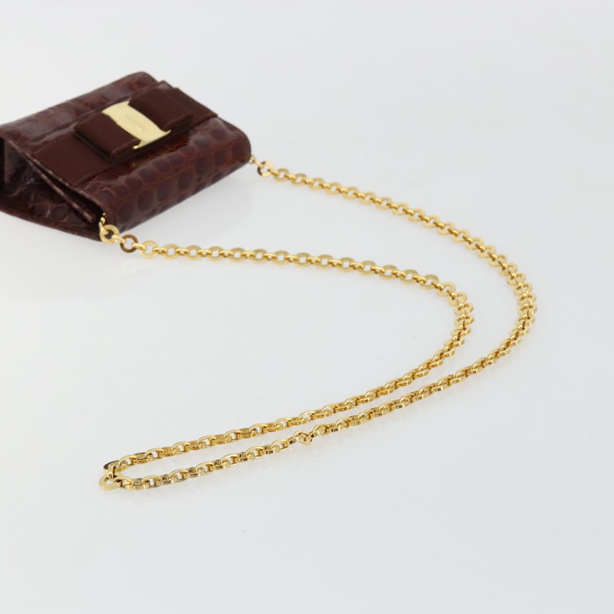 Salvatore Ferragamo Vara Ribbon Chain Bag Leather Bordeaux Gold Auth 180672