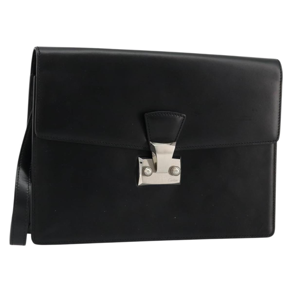 CARTIER Clutch Bag Leather Black Silver Auth 180674A