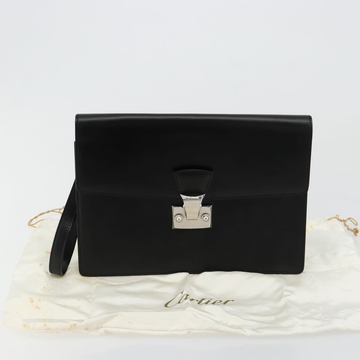CARTIER Clutch Bag Leather Black Silver Auth 180674A