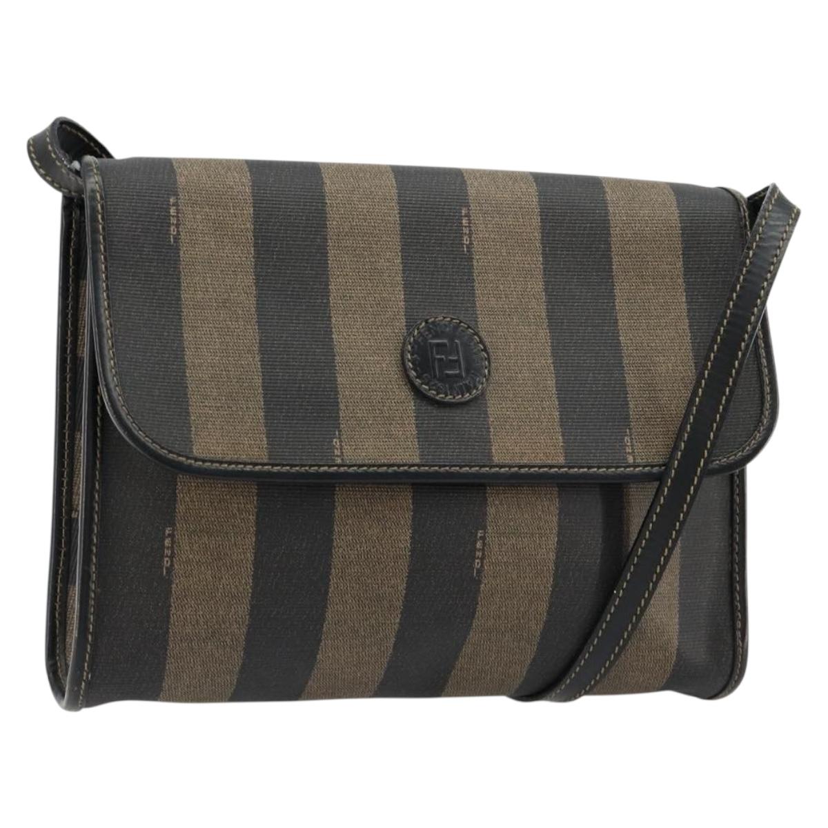 FENDI Pecan Canvas Shoulder Bag PVC Brown Black Auth 180678