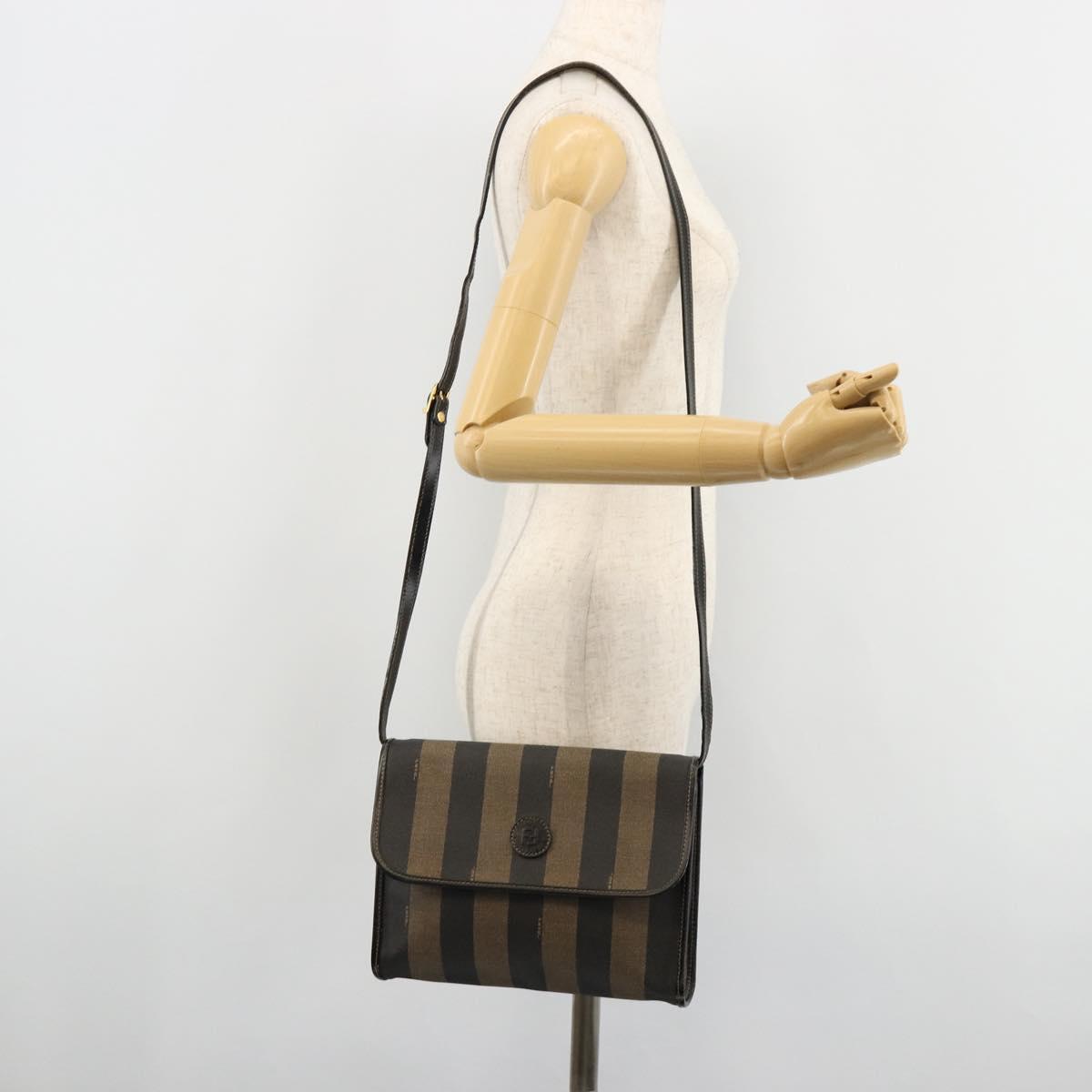 FENDI Pecan Canvas Shoulder Bag PVC Brown Black Auth 180678