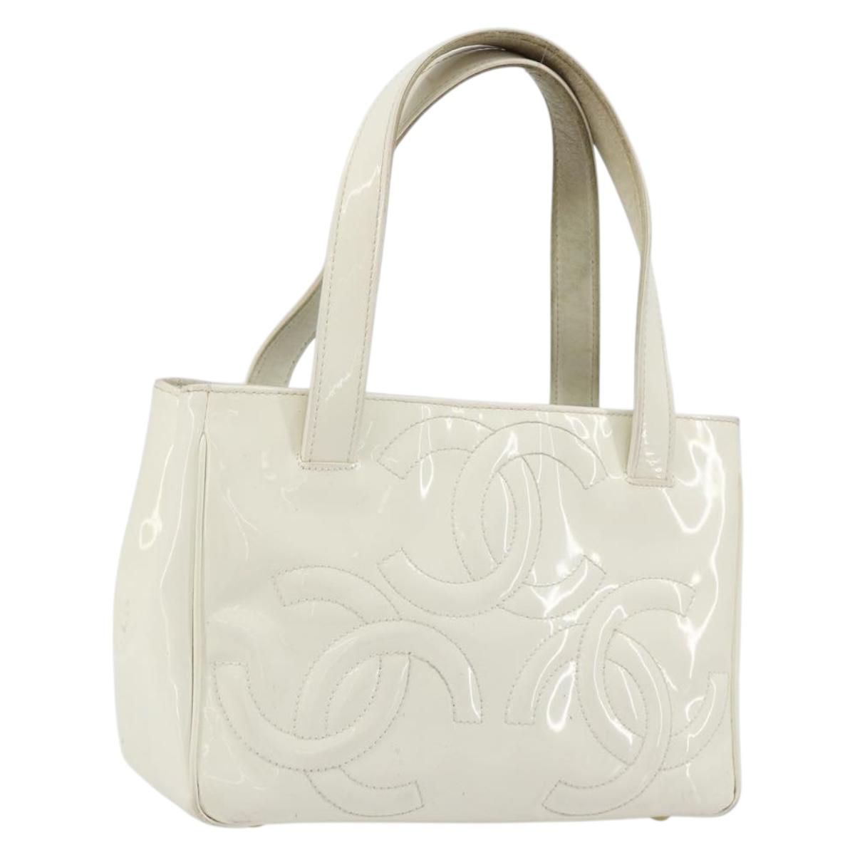 CHANEL Triple Coco Hand Bag Patent leather White CC Auth 180698