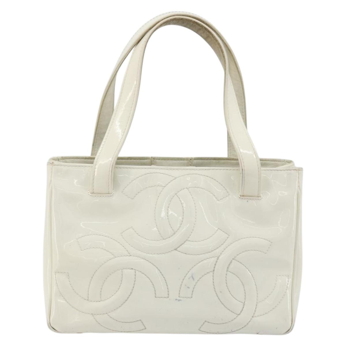 CHANEL Triple Coco Hand Bag Patent leather White CC Auth 180698