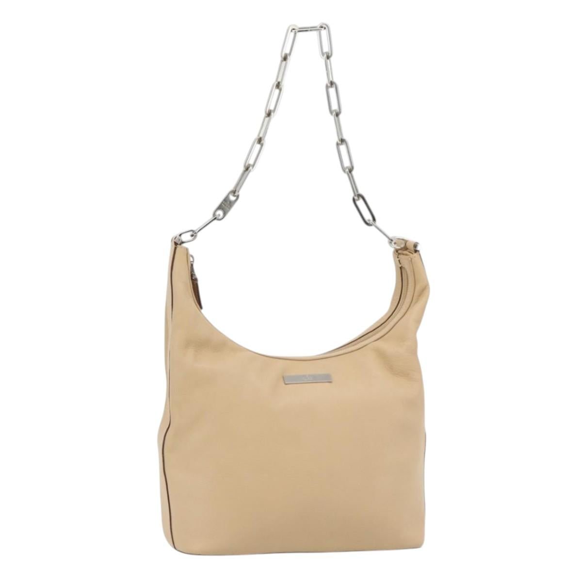 GUCCI Chain Shoulder Bag Leather Beige Silver Auth 180723