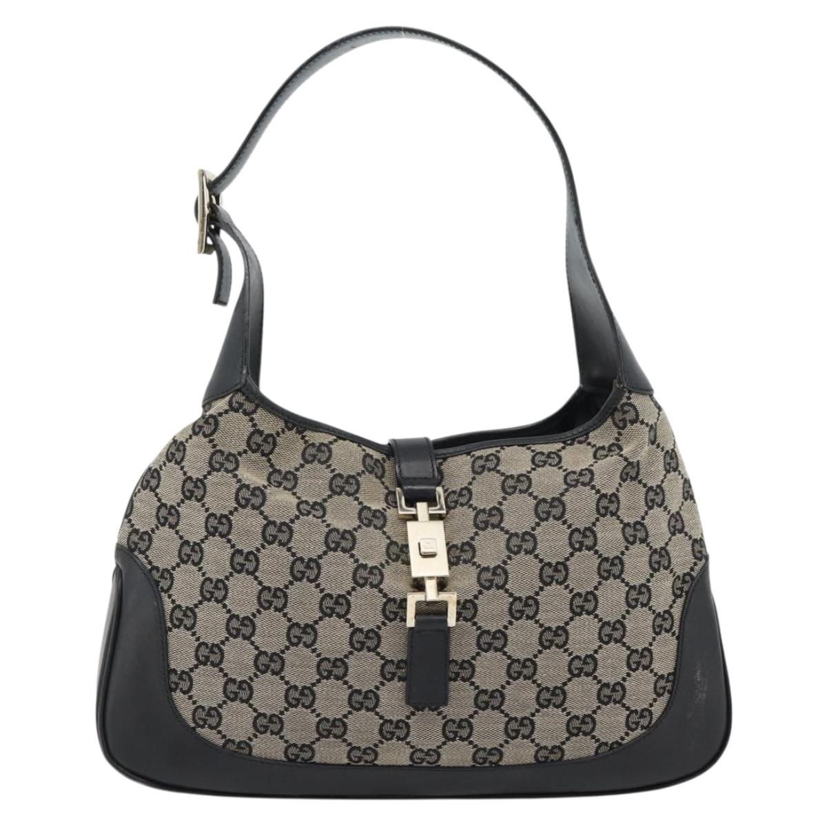 GUCCI GG Canvas Jackie Shoulder Bag Black Gold beige 001 3306 Auth 180735A