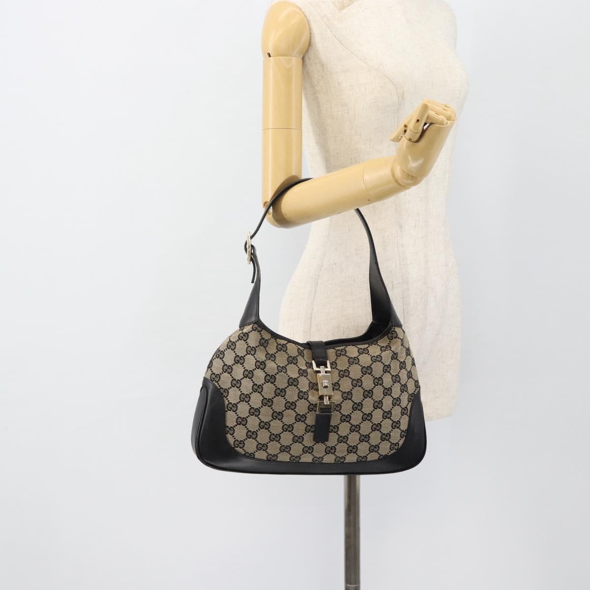 GUCCI GG Canvas Jackie Shoulder Bag Black Gold beige 001 3306 Auth 180735A