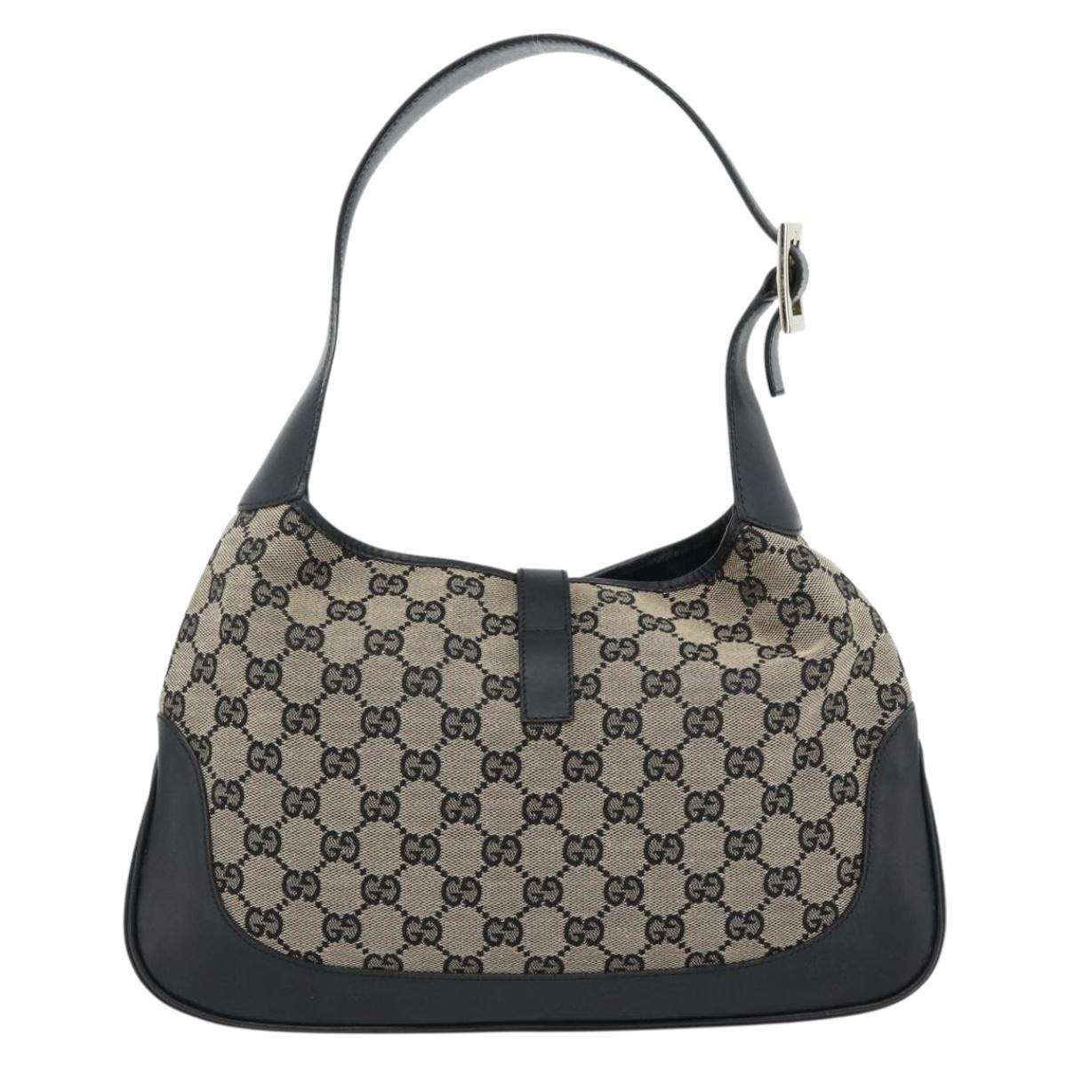 GUCCI GG Canvas Jackie Shoulder Bag Black Gold beige 001 3306 Auth 180735A