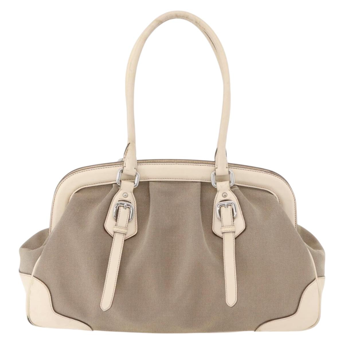 PRADA Hand Bag Jacquard Beige Silver Auth 180750