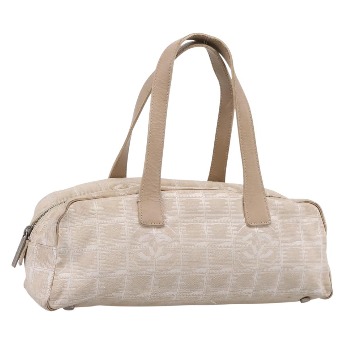 CHANEL New Travel Line Hand Bag Nylon Beige Silver CC Auth 180753