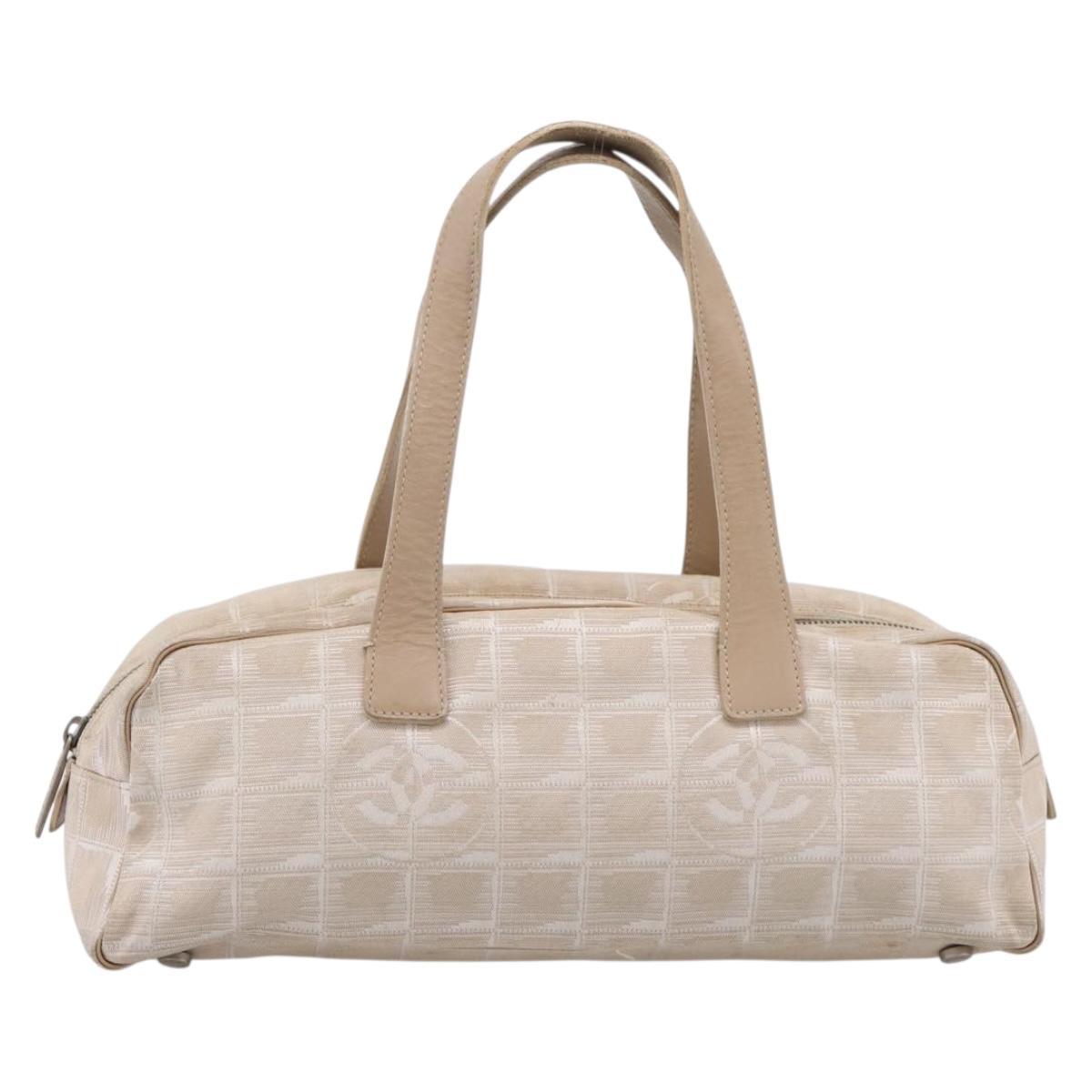 CHANEL New Travel Line Hand Bag Nylon Beige Silver CC Auth 180753