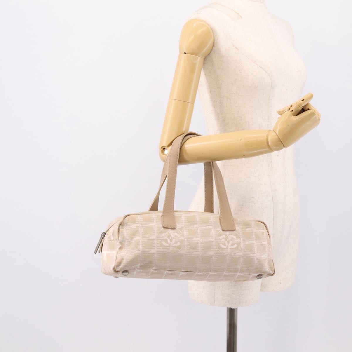 CHANEL New Travel Line Hand Bag Nylon Beige Silver CC Auth 180753