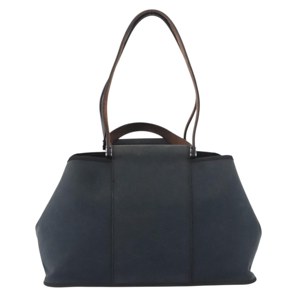 HERMES Cabak Elan Hand Bag Canvas Silver Navy Auth 180754