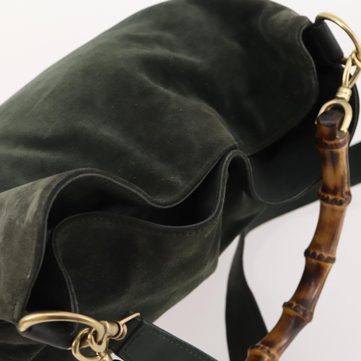 GUCCI Bamboo Shoulder Bag Suede 2way Khaki Gold Auth 180802