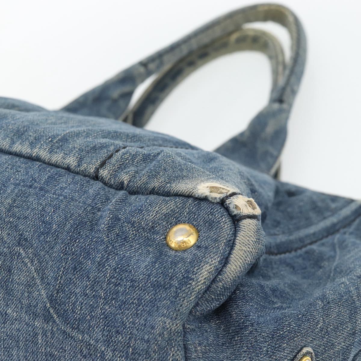 PRADA Canapa MM Hand Bag Denim Blue Gold Auth 180818