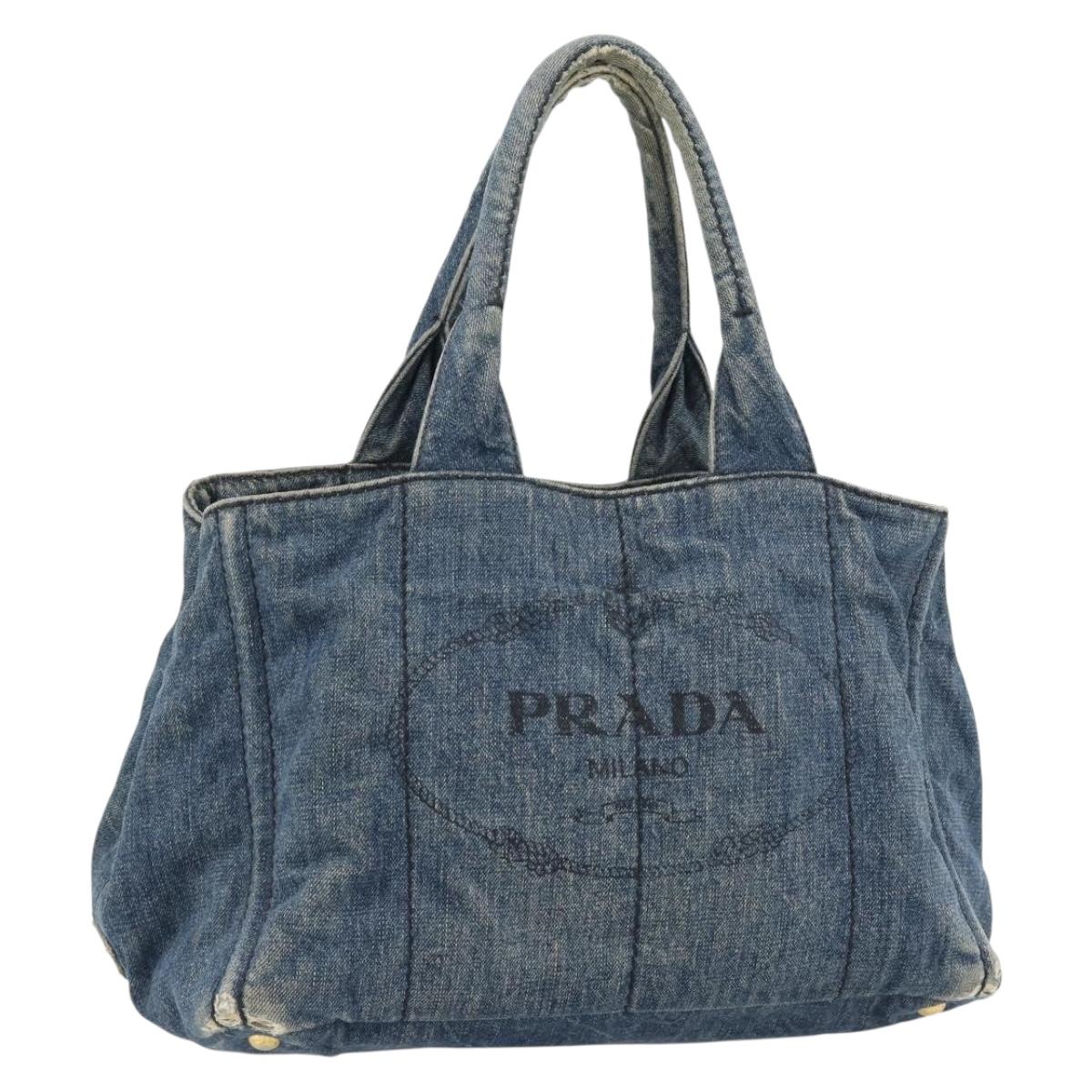 PRADA Canapa MM Hand Bag Denim Blue Gold Auth 180818