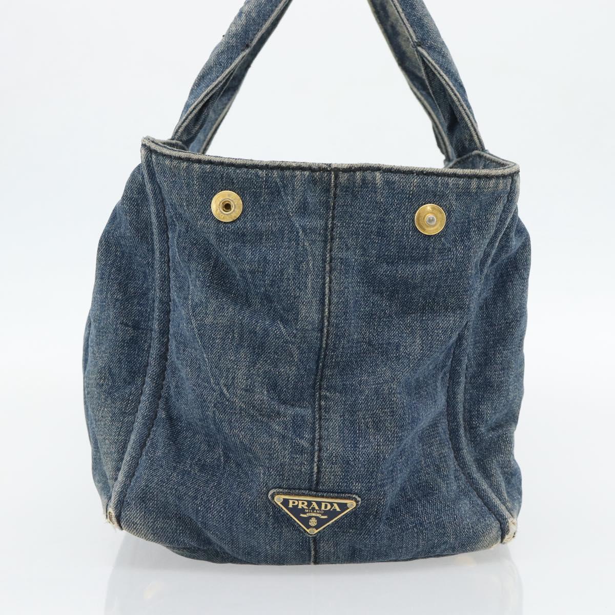 PRADA Canapa MM Hand Bag Denim Blue Gold Auth 180818