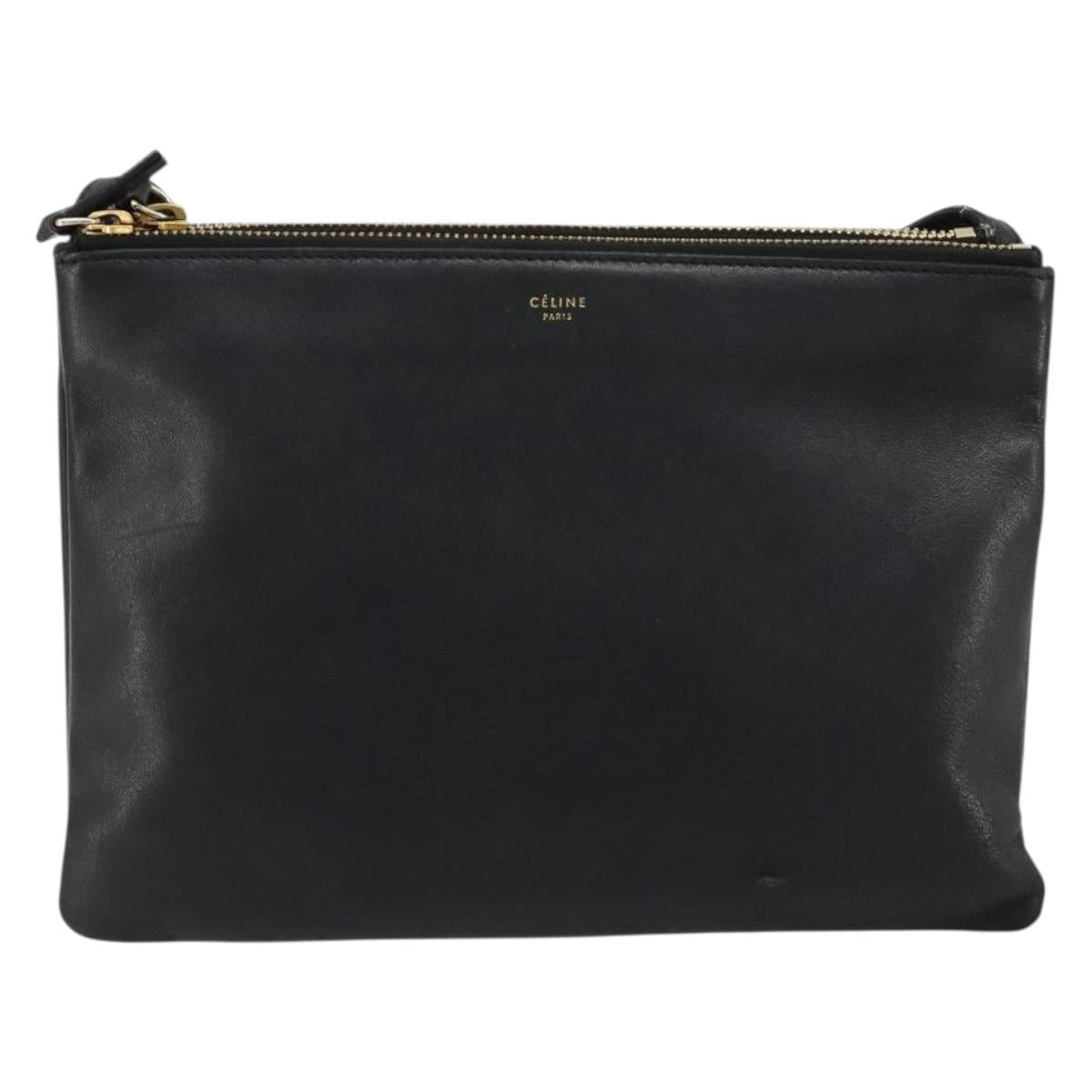 CELINE Trio Shoulder Bag Leather Black Gold Auth 180834