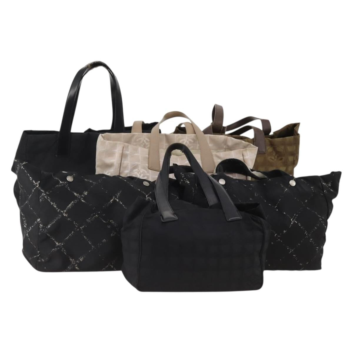 CHANEL New Travel Line Tote Bag Canvas 6 Set Black Brown pink CC Auth 180838