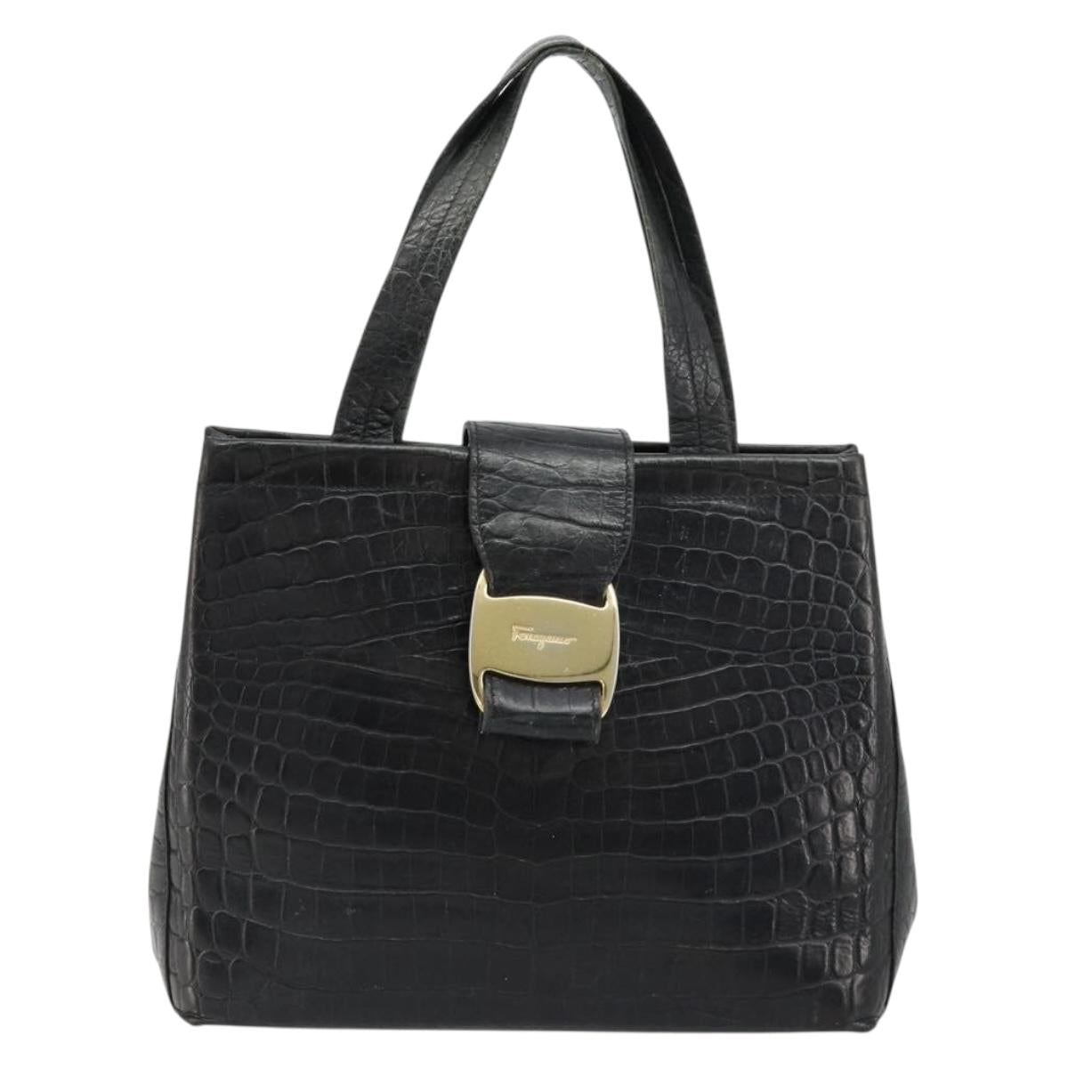 Salvatore Ferragamo Vala Hand Bag Leather Black Gold Auth 180858
